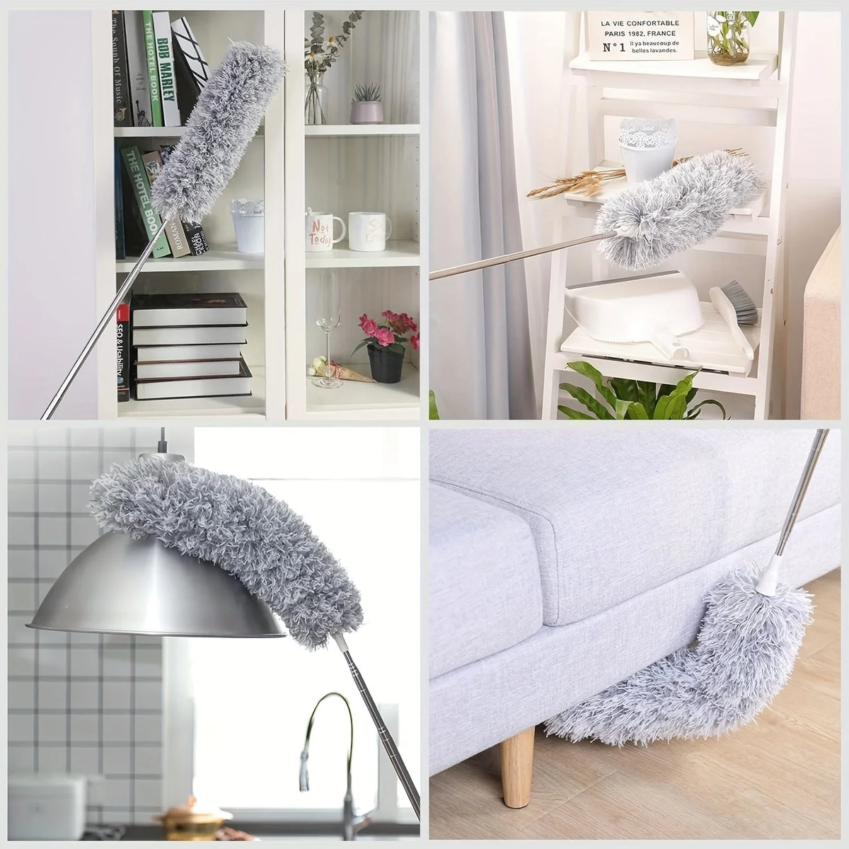 A silver telescopic extendable duster pole with a fluffy gray head is shown in various contexts.