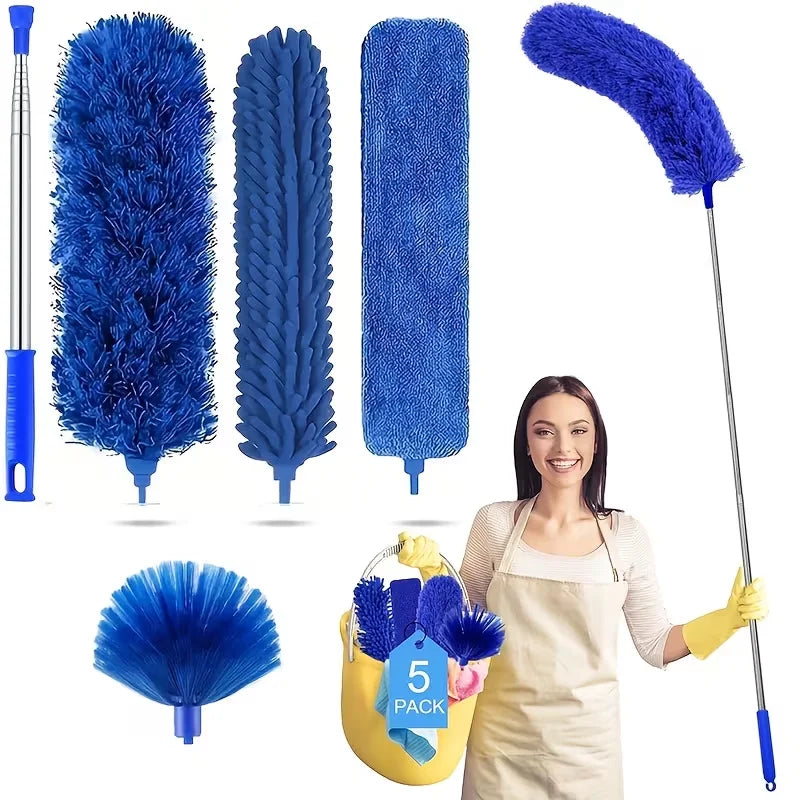 A set of blue microfiber duster heads and a pole with a woman demonstrating the extendable cleaning tool.