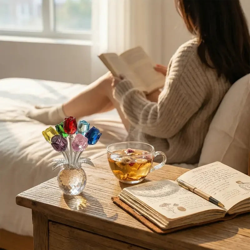 A person is reading a book next to a crystal rose flower figurine in a glass vase on a wooden table.