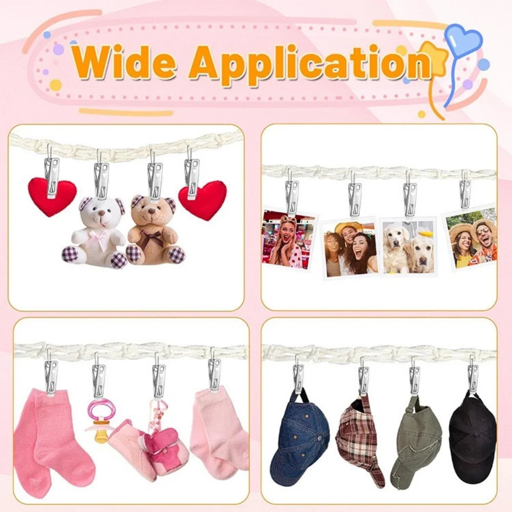 A collection of bohemian cotton hanging storage chains featuring heart shapes, teddy bears, and various fabric items like soc