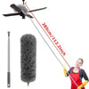 A person is using a telescopic duster with a feather attachment to clean, demonstrating its long reach.