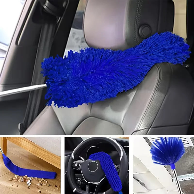 A blue microfiber duster is shown being used on a car seat, a steering wheel, and a surface.