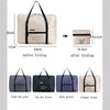A set of foldable travel duffel bags in various colors including gray, black, purple, and beige.