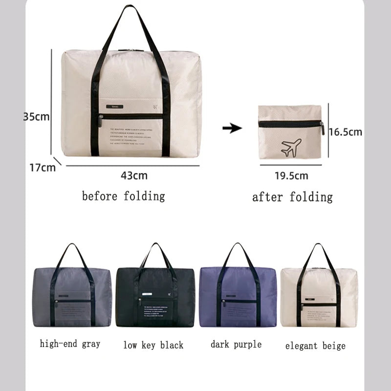 A set of foldable travel duffel bags in various colors including gray, black, purple, and beige.
