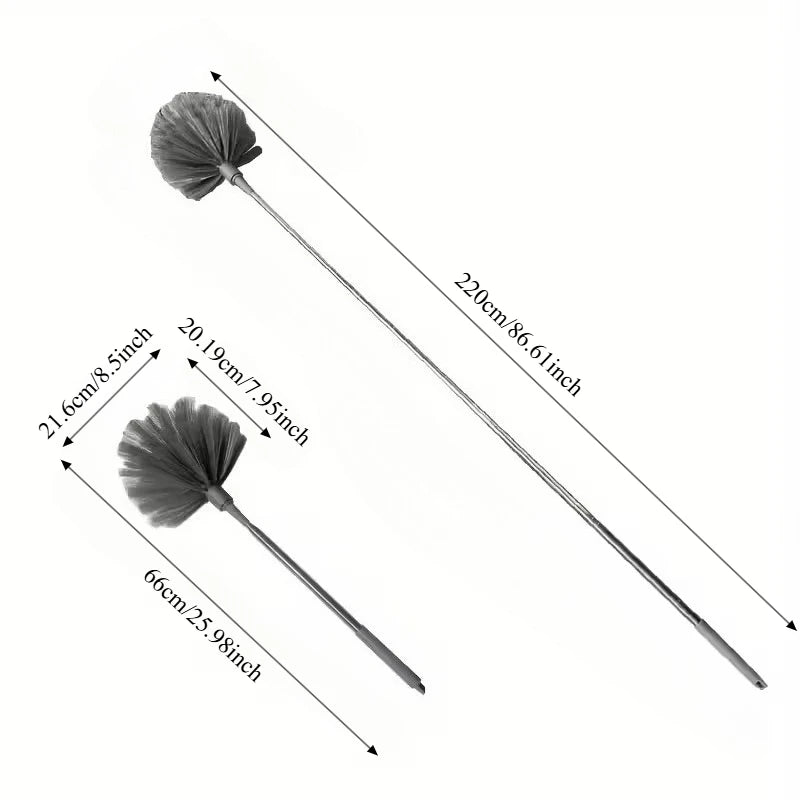 A metal cleaning broom with an adjustable length, shown with dimension lines.