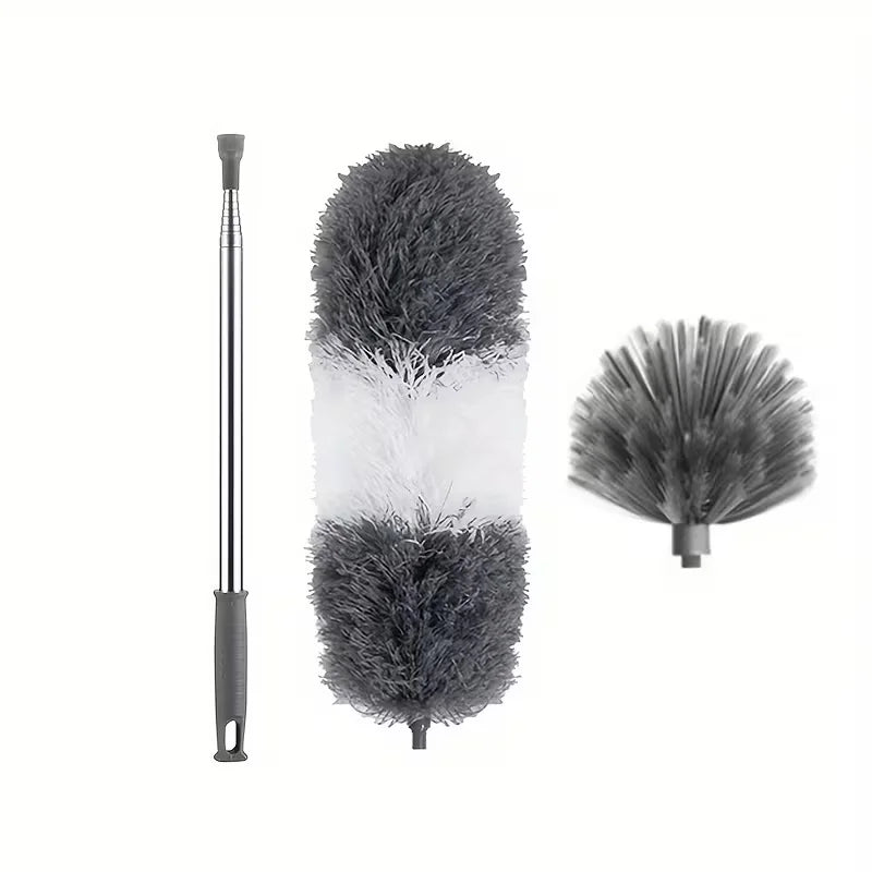 Extendable cobweb duster featuring a long aluminum pole and a fluffy gray and white brush head.