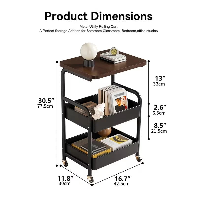 A black 3-tier rolling storage cart with a wooden top and lockable wheels shown with dimensions.