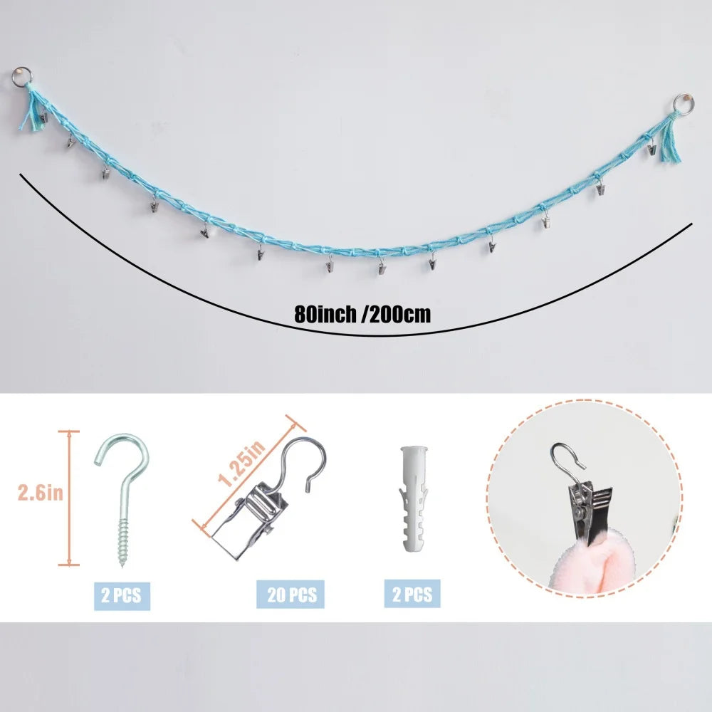 A long, light blue cotton hanging storage chain measuring 80 inches, shown with various components and measurements.