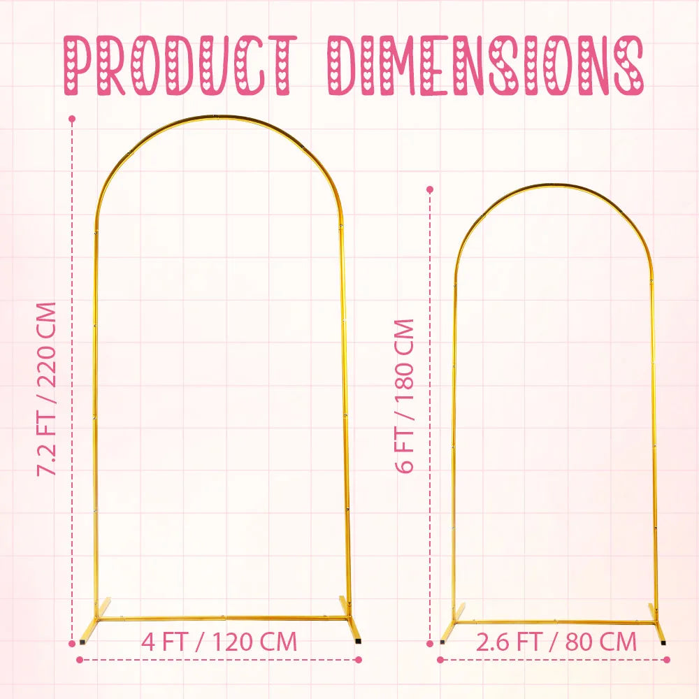 Diagram showing the dimensions of a gold metal wedding arch backdrop stand set in feet and centimeters.