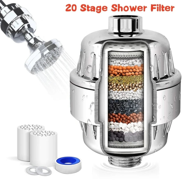 A silver shower filter device with a visible internal filter stage and replacement cartridges.