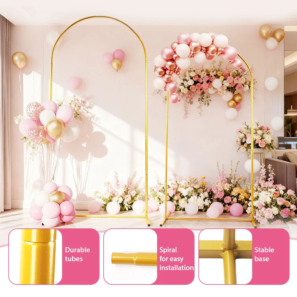 Soporte de arco nupcial de metal dorado con tubos duraderos, espiral para fácil instalación y base estable.