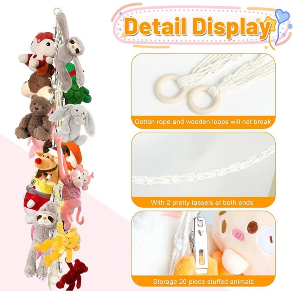 Detail display of a bohemian cotton hanging storage chain featuring stuffed animals and tassels.