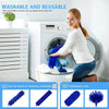A woman is using a blue microfiber duster on a washing machine, demonstrating the washable and reusable nature of the covers.