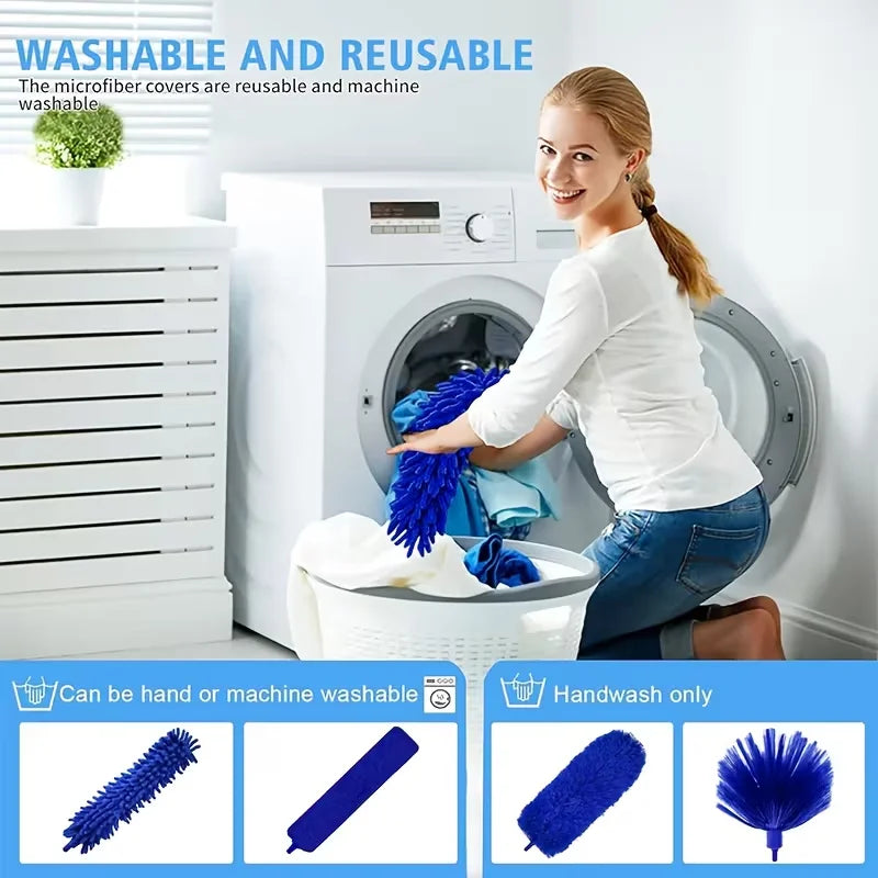 A woman is using a blue microfiber duster on a washing machine, demonstrating the washable and reusable nature of the covers.