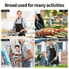 A rooster apron is shown in various activities including cooking, painting, and gardening.