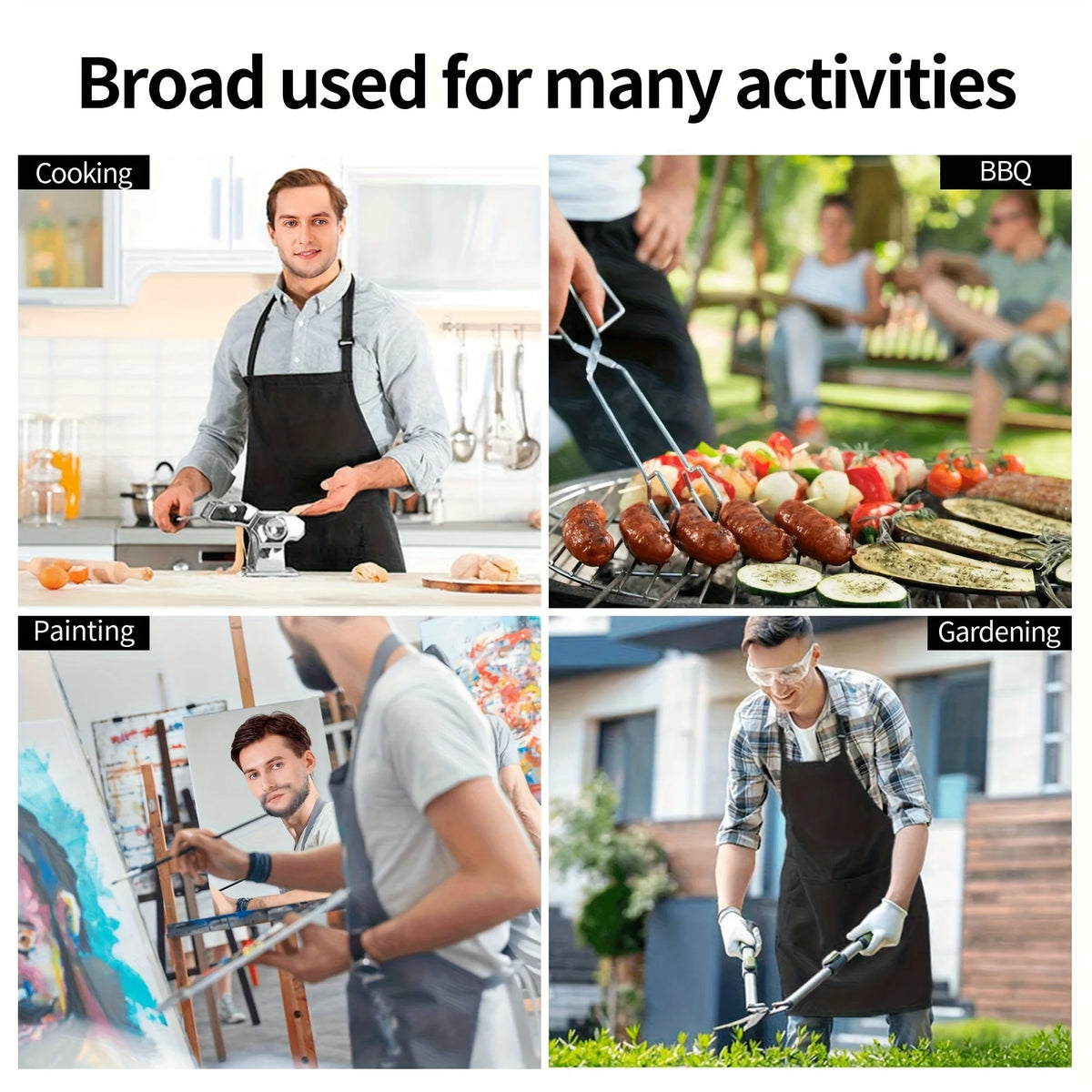 A rooster apron is shown in various activities including cooking, painting, and gardening.