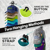 Two methods shown for hanging a hat: by the button and by the strap.