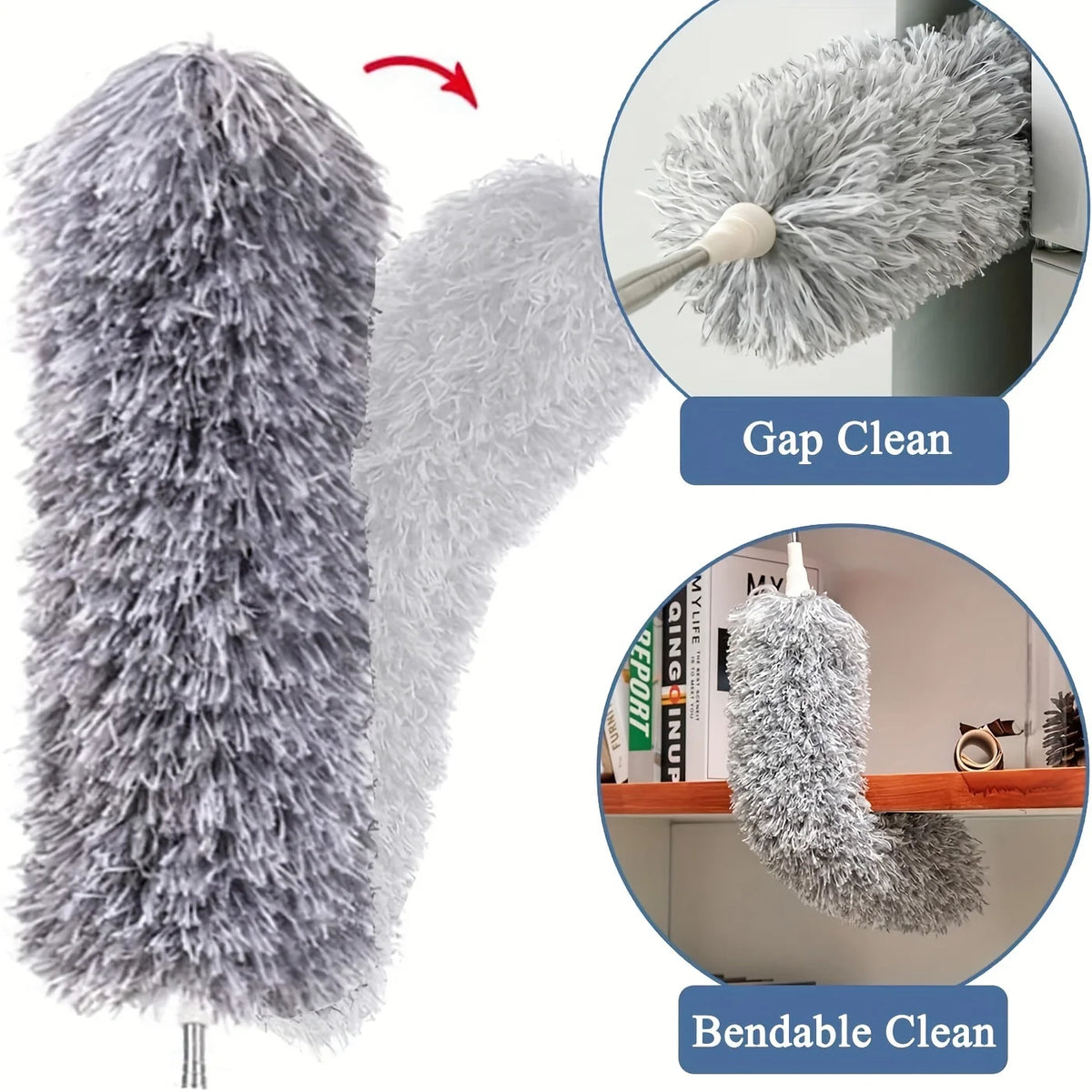 A silver fuzzy duster pole with a head for gap cleaning and a bendable cleaning tool.