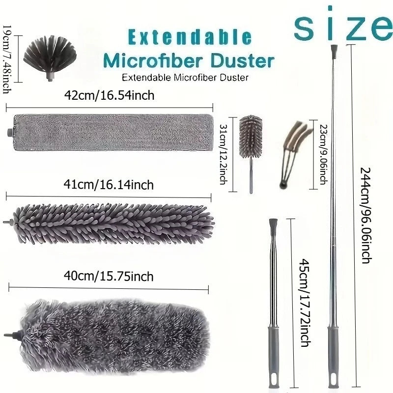 Extendable microfiber duster shown with various attachments and a telescopic pole.