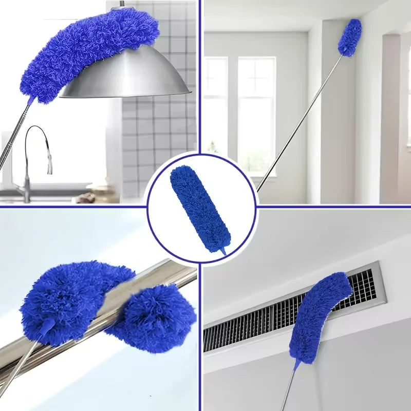 A blue extendable microfiber duster with a telescopic pole is shown cleaning various surfaces.