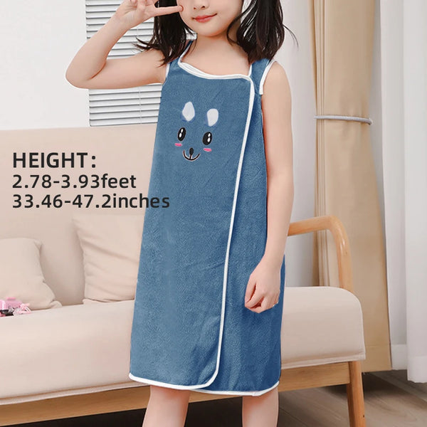 A girl wearing a blue microfiber bath towel wrap with bunny ears.
