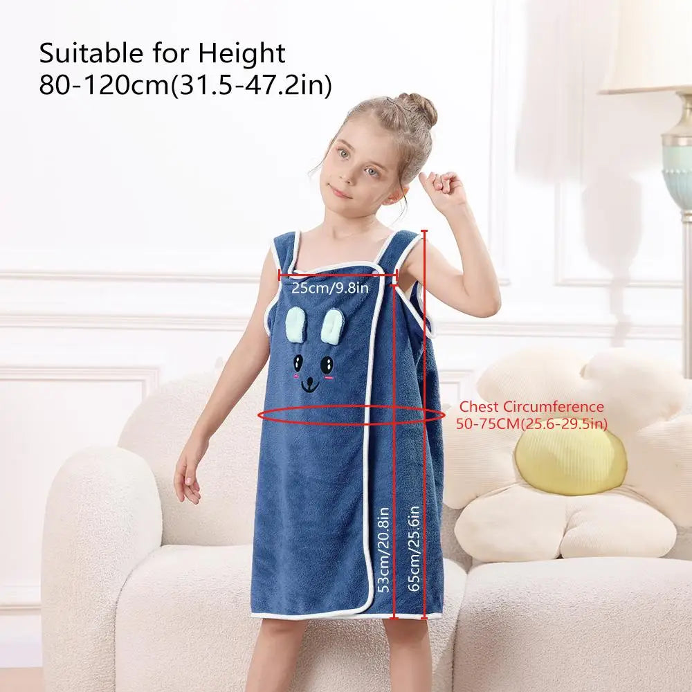 A girl wearing a blue microfiber bath towel wrap with bunny ears, suitable for heights 80-120cm.