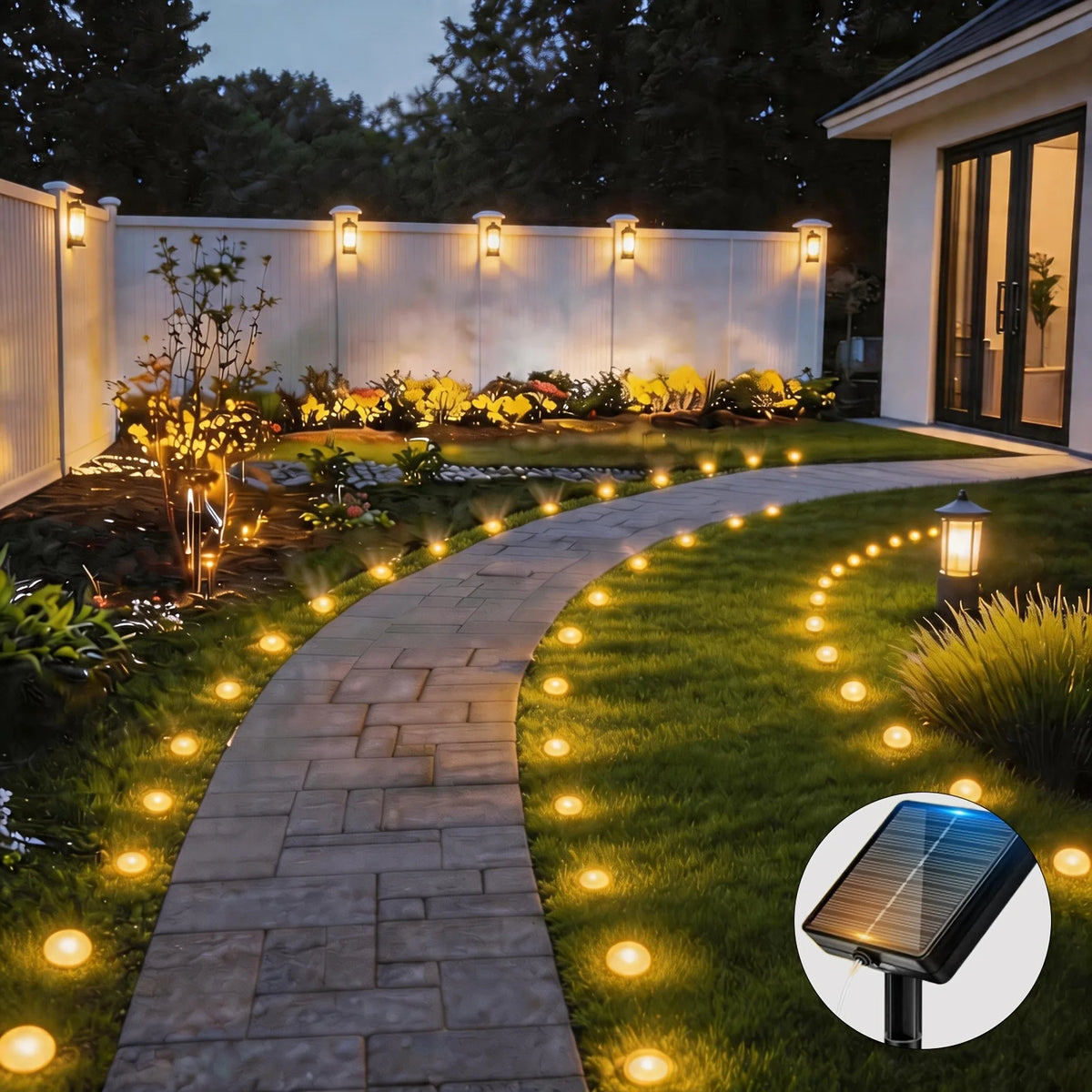 A curved stone pathway illuminated by warm yellow solar LED lights in a garden setting.