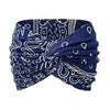 Navy blue elastic knot yoga and fitness headband with white paisley pattern
