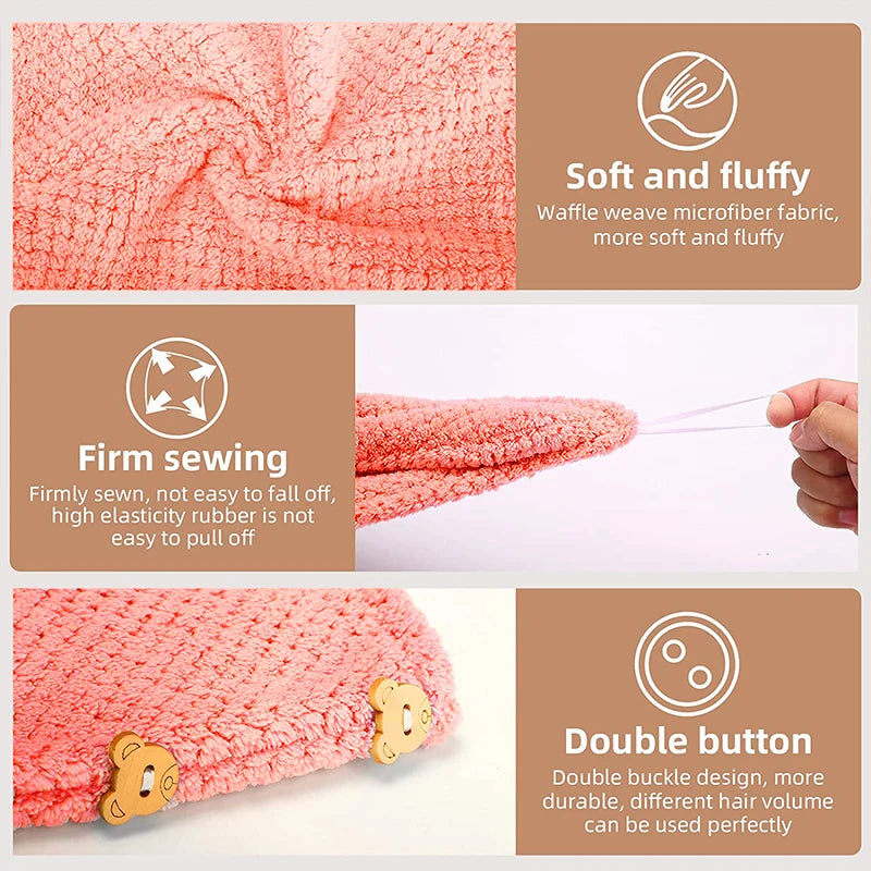 A pink waffle weave microfiber hair towel wrap showing its soft texture, firm sewing, and double button closure.