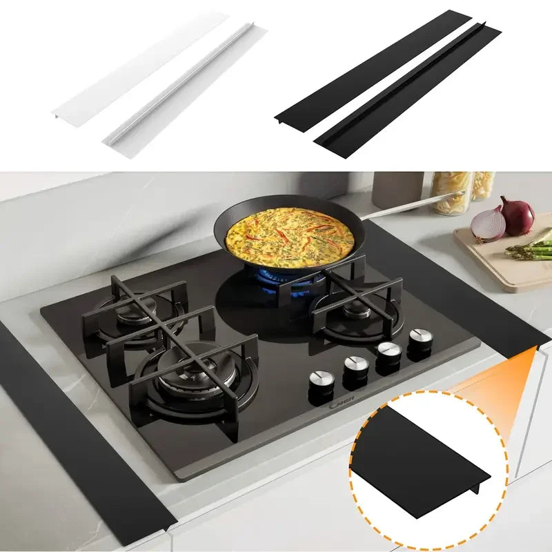 Black stainless steel stove gap covers shown in various angles and context on a stovetop.