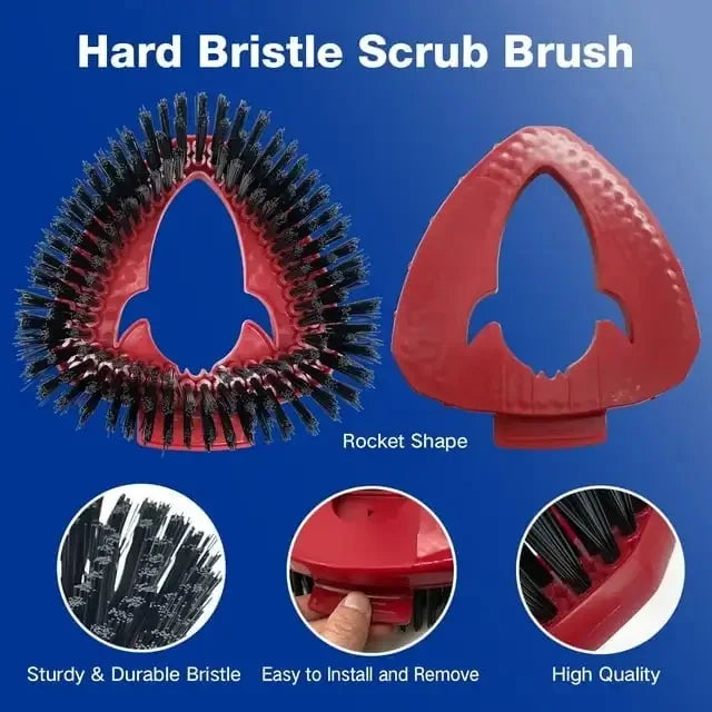 Red hard bristle scrub brush with a rocket shape and durable bristles shown alongside close-ups.