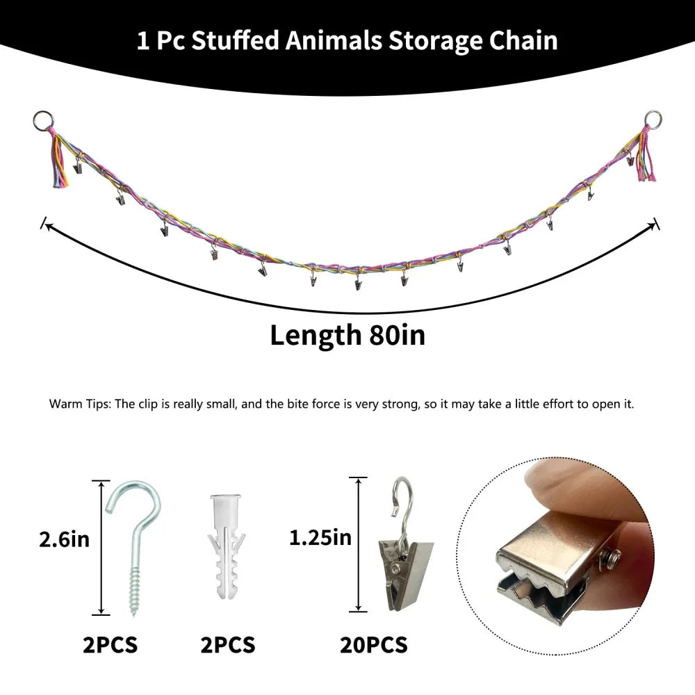 A long, thin storage chain made of colorful cotton is shown with various clip sizes and lengths.