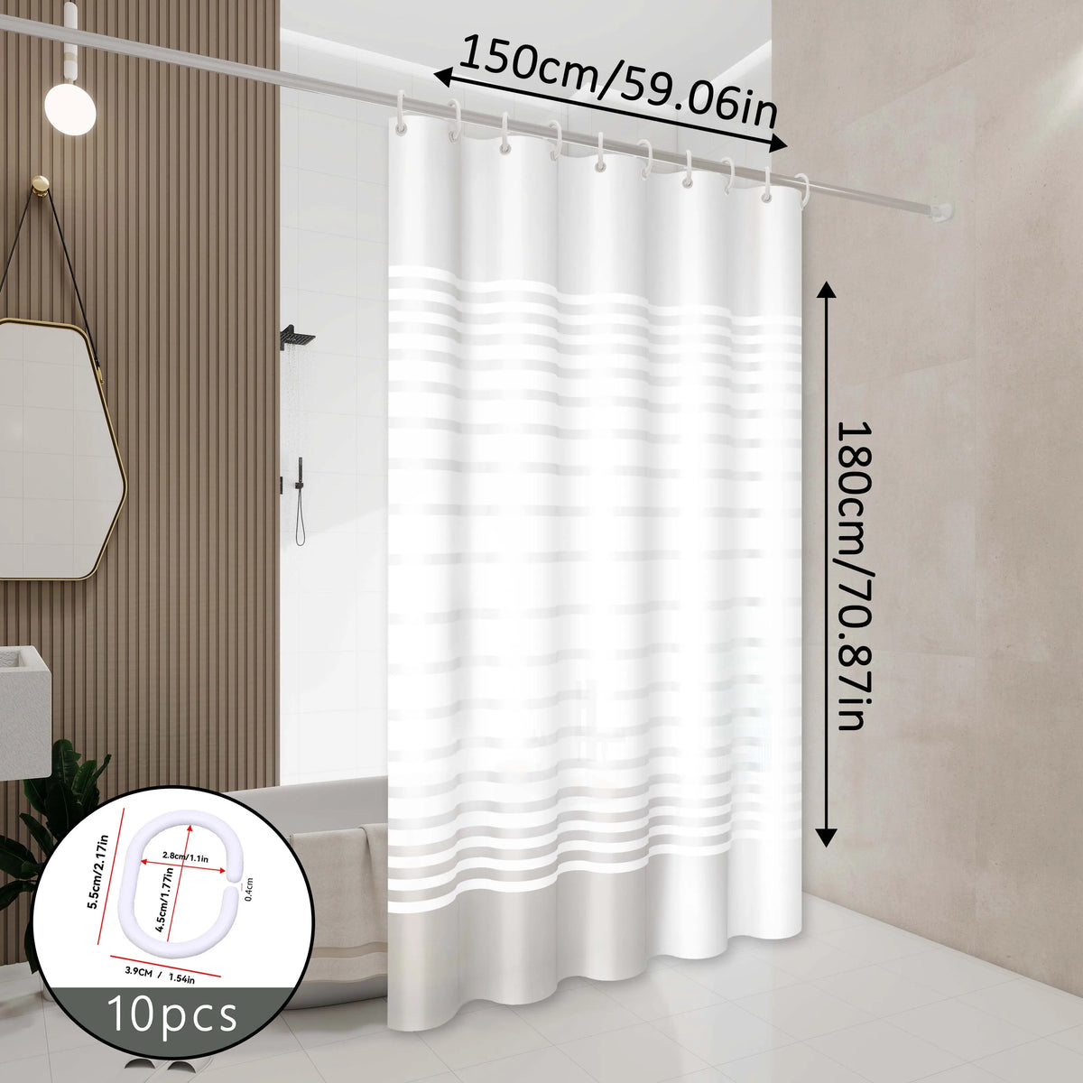 White striped shower curtain hanging on a rod in a bathroom setting
