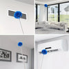 A white extendable cobweb duster with a blue feather head and aluminum pole shown in various indoor settings.