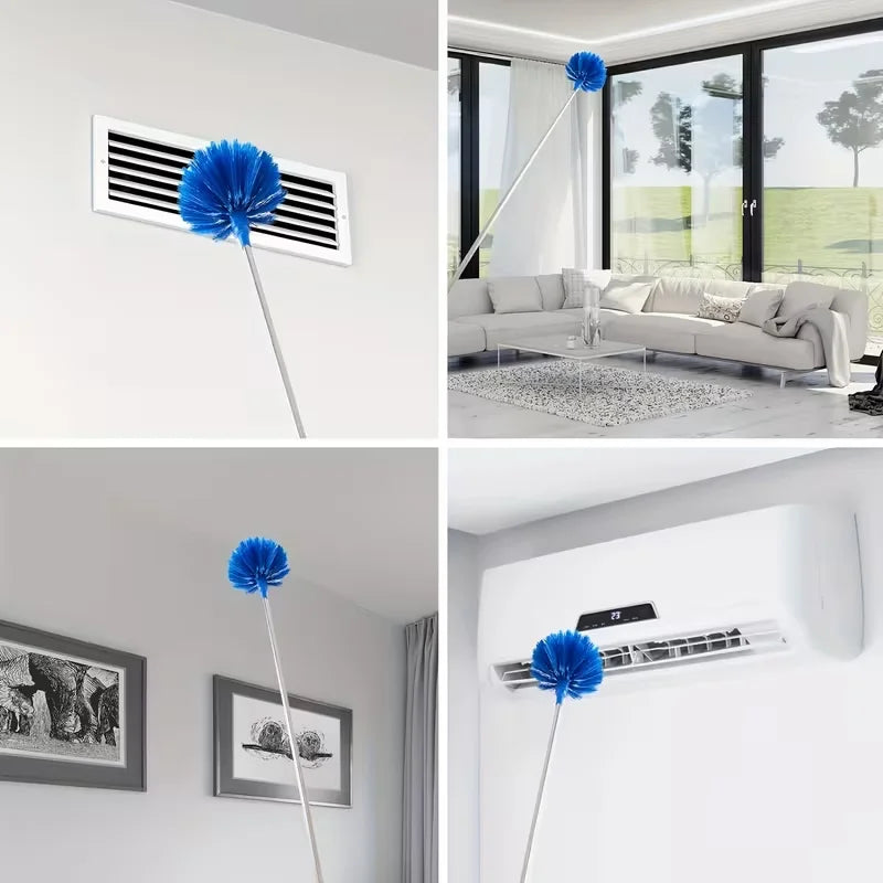 A white extendable cobweb duster with a blue feather head and aluminum pole shown in various indoor settings.