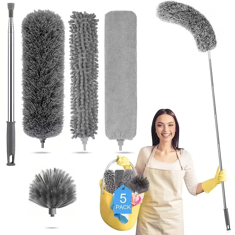 Extendable microfiber duster kit with pole showing various brush heads and a woman using the tool.