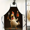 A black apron featuring a cartoon rooster character with a red comb holding a bottle.
