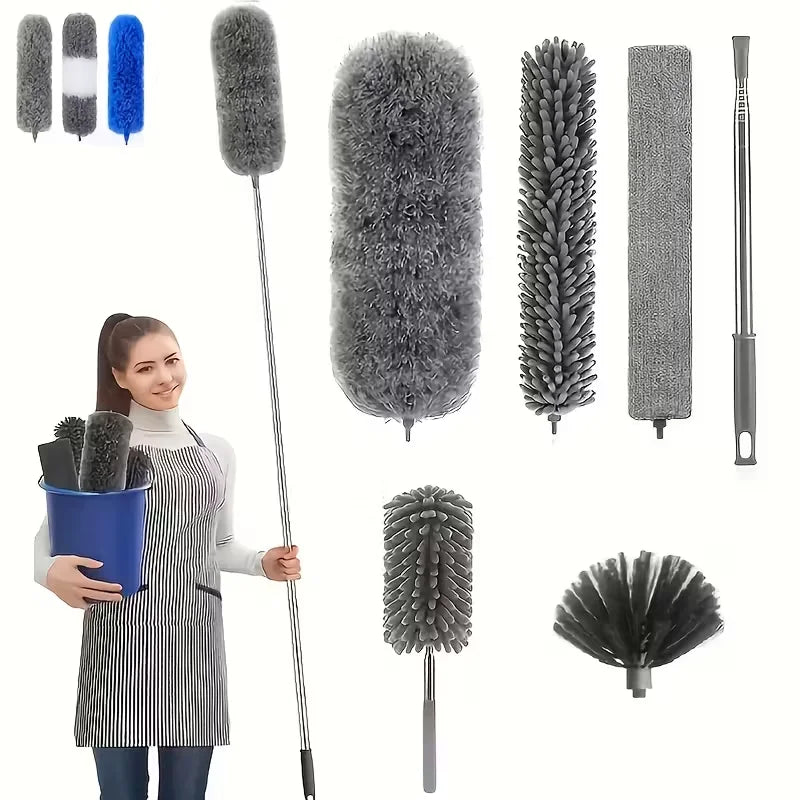 A collection of extendable microfiber dusters and brushes with telescopic poles, including fluffy and cylindrical types.