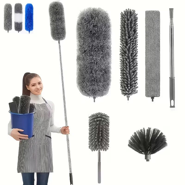 A collection of extendable microfiber dusters and brushes with telescopic poles, including fluffy and cylindrical types.