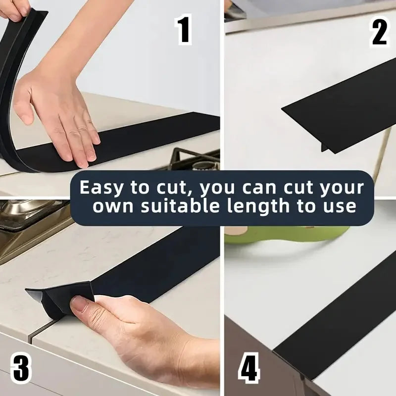 Four steps showing how to cut and install stainless steel stove gap covers