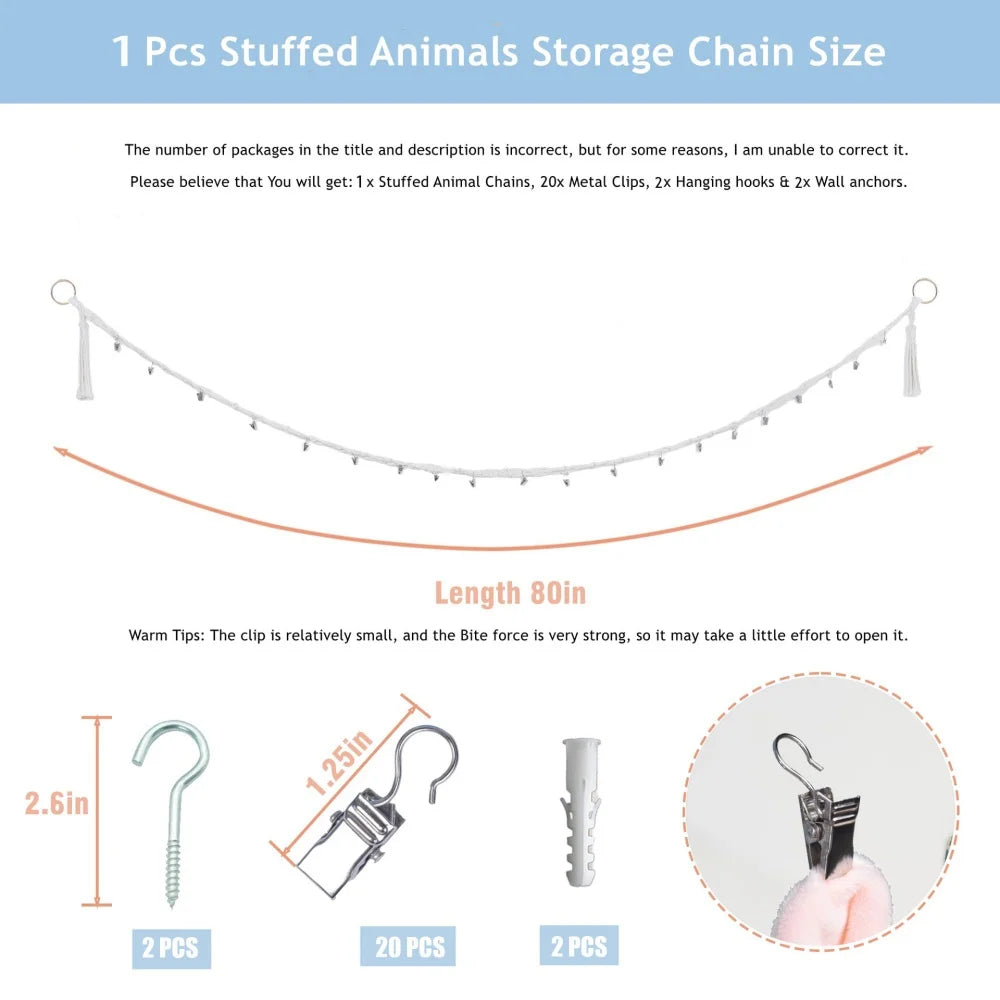 A set of 1 piece stuffed animal storage chain with metal clips, hooks, and wall anchors shown in a stretched line.