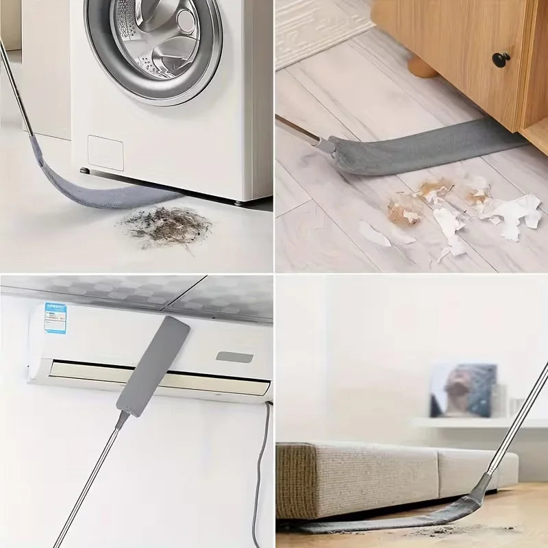 An extendable microfiber duster with a bendable handle is shown cleaning a white appliance and a wooden cabinet.