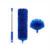 Extendable cobweb duster featuring a blue fuzzy brush attached to an aluminum pole