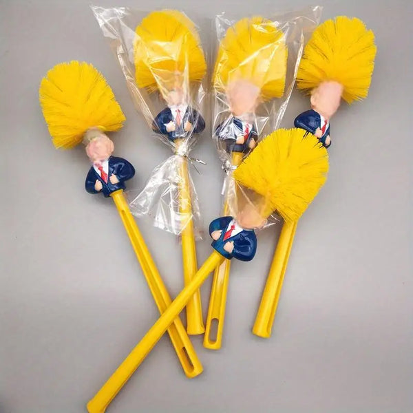 A set of yellow novelty toilet scrubbers and cleaners packaged in clear plastic bags.