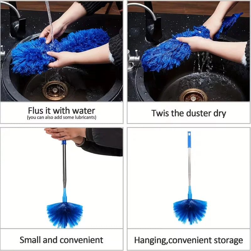 Blue extendable cobweb duster with an aluminum pole shown in various uses and storage options