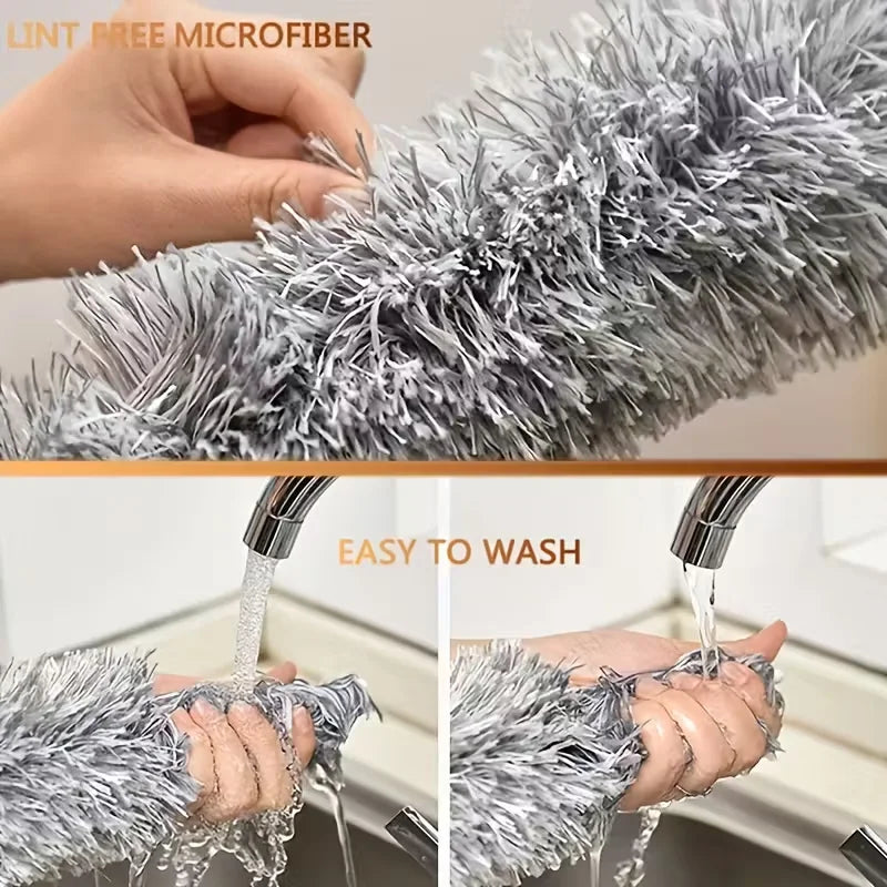 Close-up of a silver lint-free microfiber duster being washed under running water.