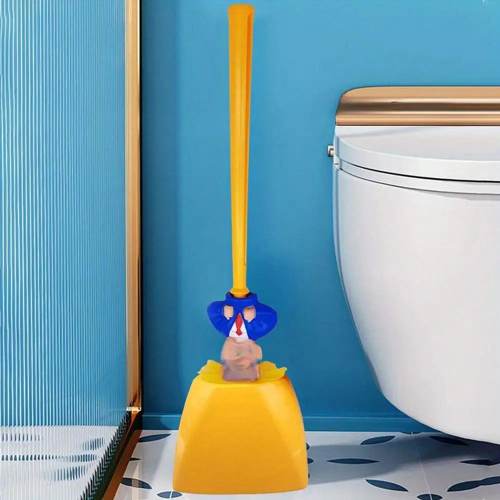 Gelber lustiger Toilettenbürste mit blauem Tierkopf neben einer weißen Toilette