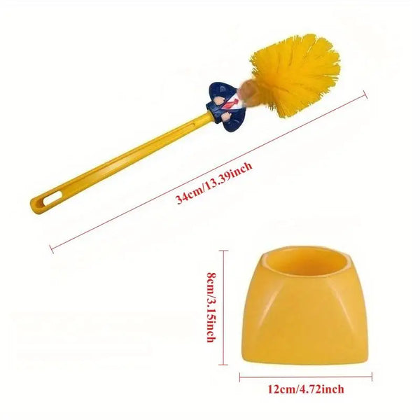 A yellow novelty toilet scrubber and cleaner with a yellow brush head and a long handle.