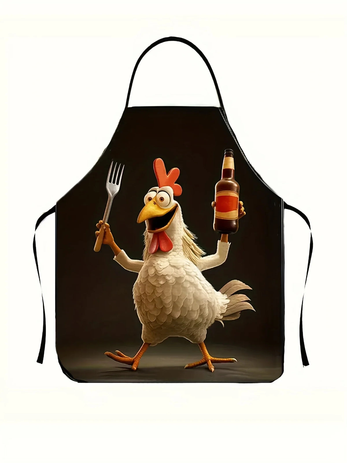 A black apron featuring a graphic illustration of a rooster holding a bottle.