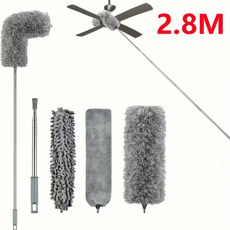 Extendable microfiber duster with a bendable handle and a large fan-shaped head.